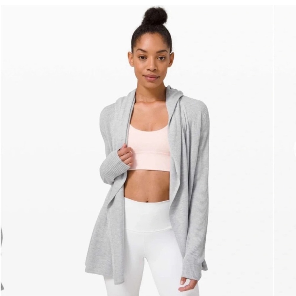 LULULEMON Sundown Wrap Cardigan Sweater Open Front Grey 8 Medium Ribbed Hooded
